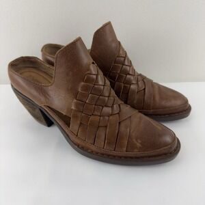 Born‎ Brown Leather Weave Slip-On Mule Heels Women's Size 7.5M